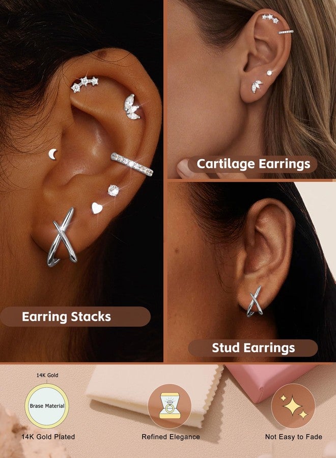 Jstyle 14K Gold Earrings for Women Trendy Hypoallergenic Surgical Steel Earring Stacks Cartilage Earring Sets for Multiple Piercing Small Cute CZ Studs Cuffs Women's Dainty Jewelry Gifts Silver - Image 3