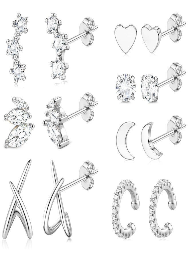 Jstyle 14K Gold Earrings for Women Trendy Hypoallergenic Surgical Steel Earring Stacks Cartilage Earring Sets for Multiple Piercing Small Cute CZ Studs Cuffs Women's Dainty Jewelry Gifts Silver - Image 1