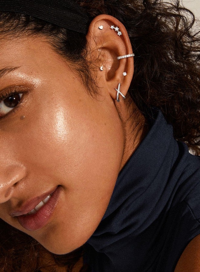 Jstyle 14K Gold Earrings for Women Trendy Hypoallergenic Surgical Steel Earring Stacks Cartilage Earring Sets for Multiple Piercing Small Cute CZ Studs Cuffs Women's Dainty Jewelry Gifts Silver - Image 2