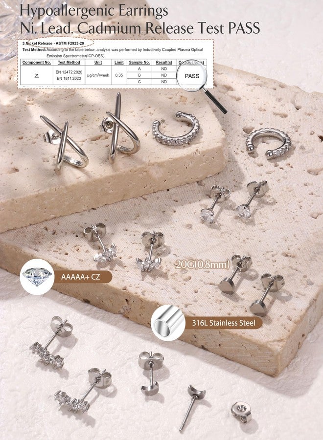 Jstyle 14K Gold Earrings for Women Trendy Hypoallergenic Surgical Steel Earring Stacks Cartilage Earring Sets for Multiple Piercing Small Cute CZ Studs Cuffs Women's Dainty Jewelry Gifts Silver - Image 4