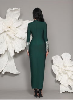 Meilun Women's Green Long Sleeved Diamond Bead Evening Dress  - Image 2