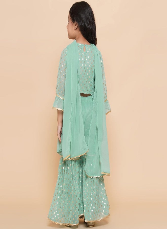 AJ DEZINES Georgette Kids Ethnic Wear Foil Printed Panelled Green Kurta Sharara Set For Girls With Dupatta (G-1094-Green-38), 14-15 Years - Image 2