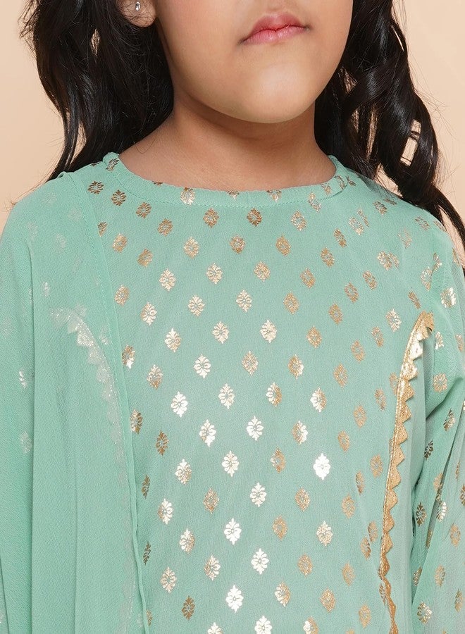 AJ DEZINES Georgette Kids Ethnic Wear Foil Printed Panelled Green Kurta Sharara Set For Girls With Dupatta (G-1094-Green-38), 14-15 Years - Image 5