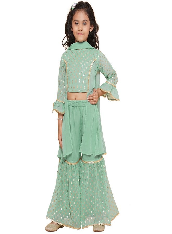AJ DEZINES Georgette Kids Ethnic Wear Foil Printed Panelled Green Kurta Sharara Set For Girls With Dupatta (G-1094-Green-38), 14-15 Years - Image 1