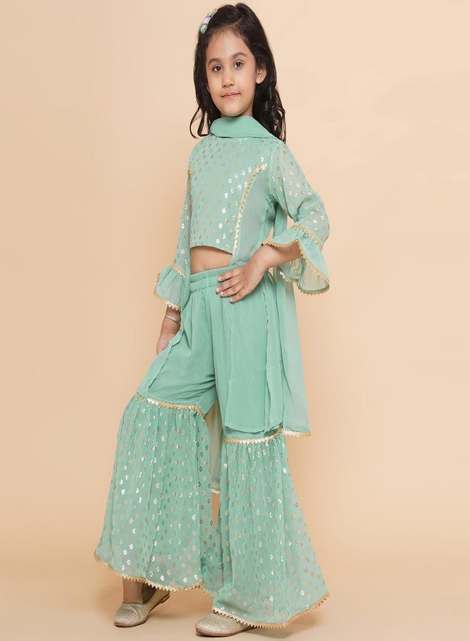 AJ DEZINES Georgette Kids Ethnic Wear Foil Printed Panelled Green Kurta Sharara Set For Girls With Dupatta (G-1094-Green-38), 14-15 Years - Image 4