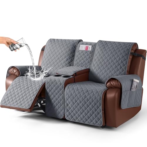 KinCam 100% Waterproof Recliner Loveseat Cover with Console, Non-Slip Reclining Couch Covers for 2 Seat, Recliner Sofa Cover Furniture Protector with Elastic Straps for Kids, Pets, Dark Gray - Image 1
