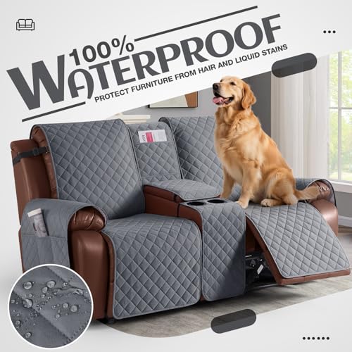 KinCam 100% Waterproof Recliner Loveseat Cover with Console, Non-Slip Reclining Couch Covers for 2 Seat, Recliner Sofa Cover Furniture Protector with Elastic Straps for Kids, Pets, Dark Gray - Image 2
