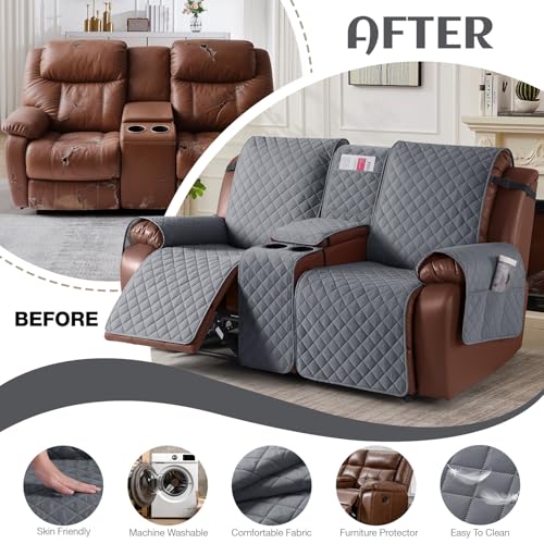 KinCam 100% Waterproof Recliner Loveseat Cover with Console, Non-Slip Reclining Couch Covers for 2 Seat, Recliner Sofa Cover Furniture Protector with Elastic Straps for Kids, Pets, Dark Gray - Image 4