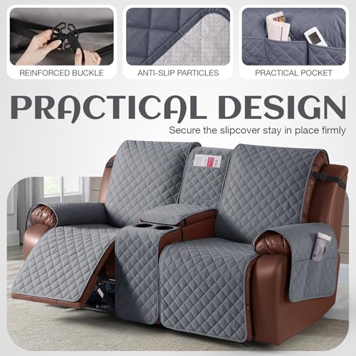 KinCam 100% Waterproof Recliner Loveseat Cover with Console, Non-Slip Reclining Couch Covers for 2 Seat, Recliner Sofa Cover Furniture Protector with Elastic Straps for Kids, Pets, Dark Gray - Image 3