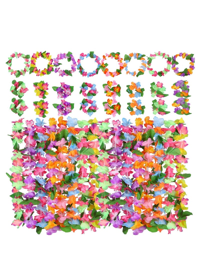 SOLARAE 32 pcs Hawaiian Flowers Garlands Leis Luau Flowers For Hawaii Party Decorations Supplies,With 16 Bracelets 8 Headbands And 8 Necklaces for Party Necklace Photo Booth Props DIY Latex Flowers - Image 1