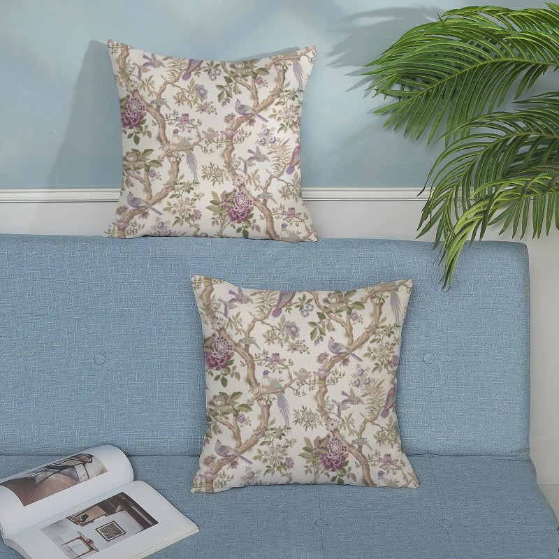 GOLIANDA Chinoiserie Pillow Covers 18x18 Set of 2 Purple Green Floral Bird Throw Pillows Vintage Flowers Bird Decorative Pillow Cases Outdoor Chinoiserie Decor Farmhouse Cushion Case for Couch Sofa - Image 3