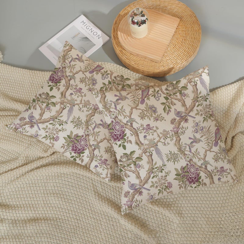 GOLIANDA Chinoiserie Pillow Covers 18x18 Set of 2 Purple Green Floral Bird Throw Pillows Vintage Flowers Bird Decorative Pillow Cases Outdoor Chinoiserie Decor Farmhouse Cushion Case for Couch Sofa - Image 5