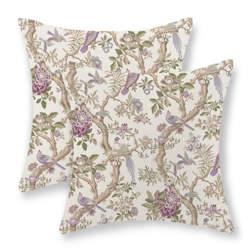 GOLIANDA Chinoiserie Pillow Covers 18x18 Set of 2 Purple Green Floral Bird Throw Pillows Vintage Flowers Bird Decorative Pillow Cases Outdoor Chinoiserie Decor Farmhouse Cushion Case for Couch Sofa - Image 1