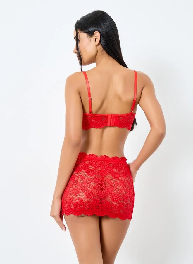 Styli Embellished Strap Lace Corset and Lace Skirt with Thong Set