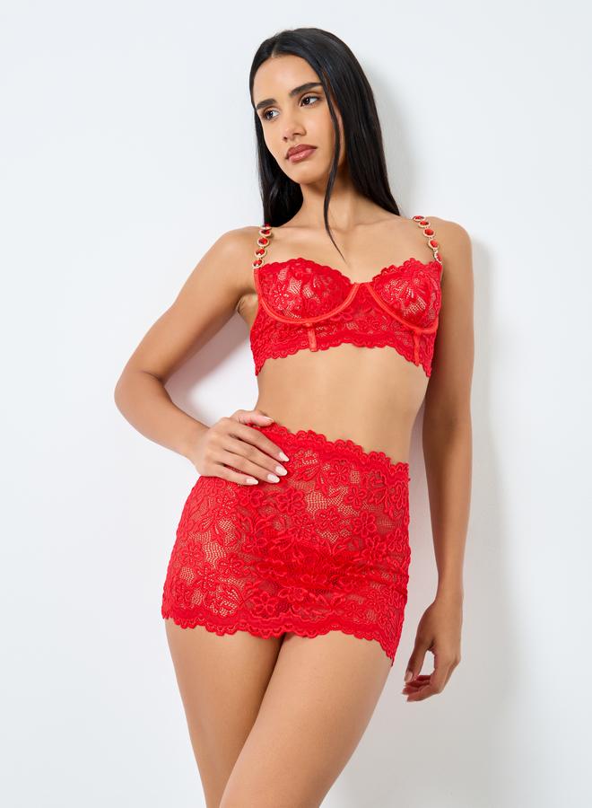 Styli Embellished Strap Lace Corset and Lace Skirt with Thong Set - Image 1