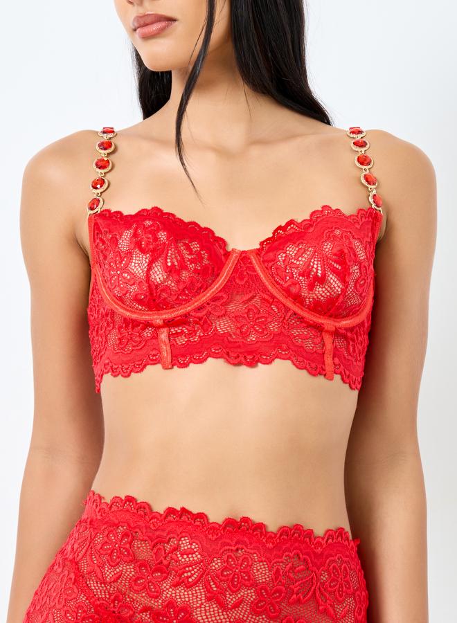 Styli Embellished Strap Lace Corset and Lace Skirt with Thong Set - Image 2