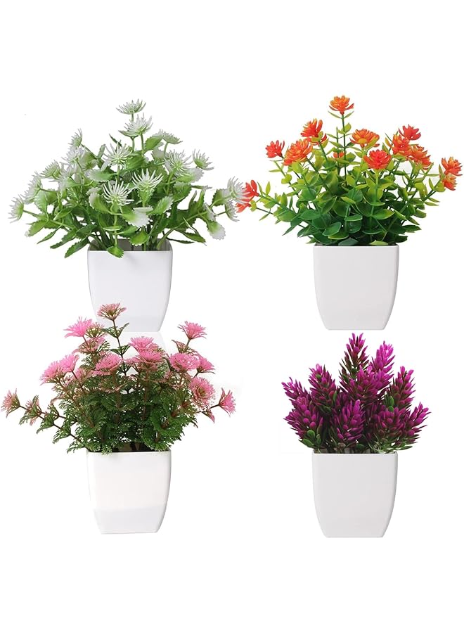 ORiTi Mini Artificial Flowers In Pot 4Pcs Small Fake Greenery Plants Faux Plastic Plants For Indoor Home Decor Living Room Bedroom Desktop Bookshelf Decoration - Image 1