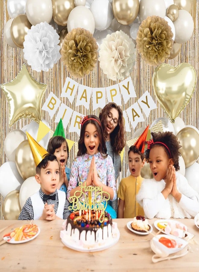 زينة عيد ميلاد باللون الذهبي الأبيض، وديكور حفلات باللون الذهبي البيج مع بالونات من رقائق معدنية ولاتكس، وستائر مزينة بشراشيب، ولافتة "عيد ميلاد سعيد"، وزينة كعكة، وكرات بوم بوم ورقية، وديكور حفلات للنساء والفتيات - Image 5