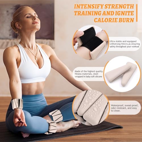 BECOJADDE Ankle Weights Set of 2 (1 lb Each) Adjustable Wrist Weights for Women Men Wearable Arm Leg Weight for Pilates, Running, Walking, Workout, Yoga, Beige - Image 3