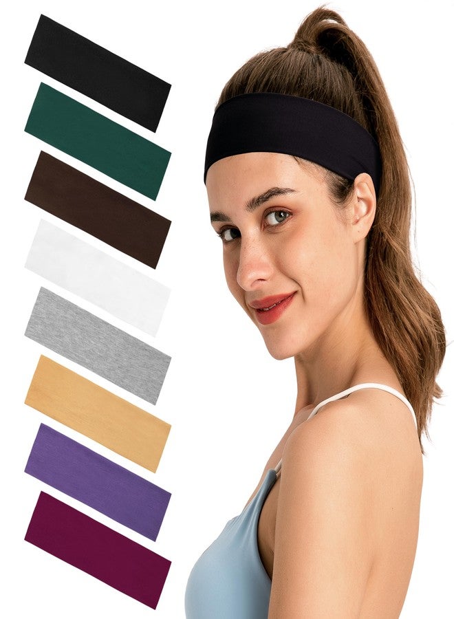 HiRui Headbands for Women 8-Pack Vibrant Yoga & Sports Sweat Headbands - Cotton Stretchy Non-Slip Hair Bands (Black,Forest Green,Mocha,White,Light Floral Gray,Beige,Purple,Magenta,Set4) - Image 1