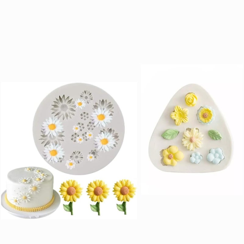 Husaini Mart HUSAINI MART 13 9 Cavity Daisy Sunflower Silicone Fondant Molds Chocolate Candy Cake Decoration Cupcake Topper Jelly Dessert Sugarcraft Clay Candle Wax DIY Soap Mini Resin Craft Jewelry Mold Pack of 2 