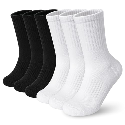 BOOPH Kids Athletic Crew Socks Boys Girls Performance Breathable Half Cushioned Socks Thick Cotton Calf Sockss for Running Soccer 6 Pairs 7-10Y Black and White - Image 1