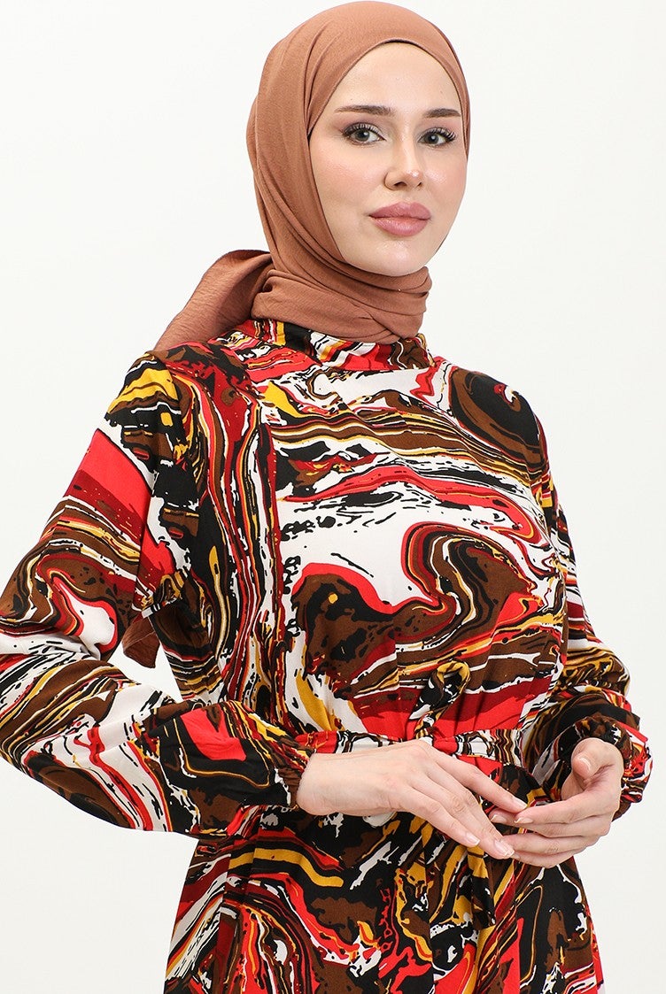 Sefa Merve Mixed Pattern Belted Viscose Dress 0424-04 Brown Red  - Image 3