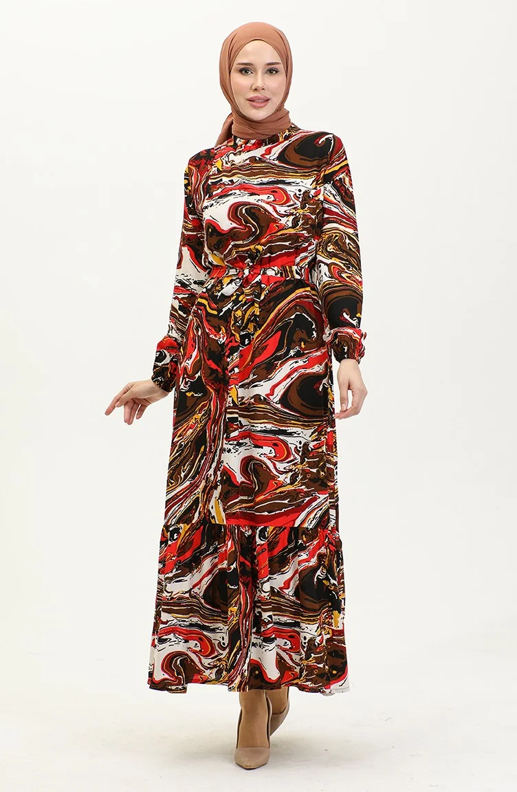 Sefa Merve Mixed Pattern Belted Viscose Dress 0424-04 Brown Red