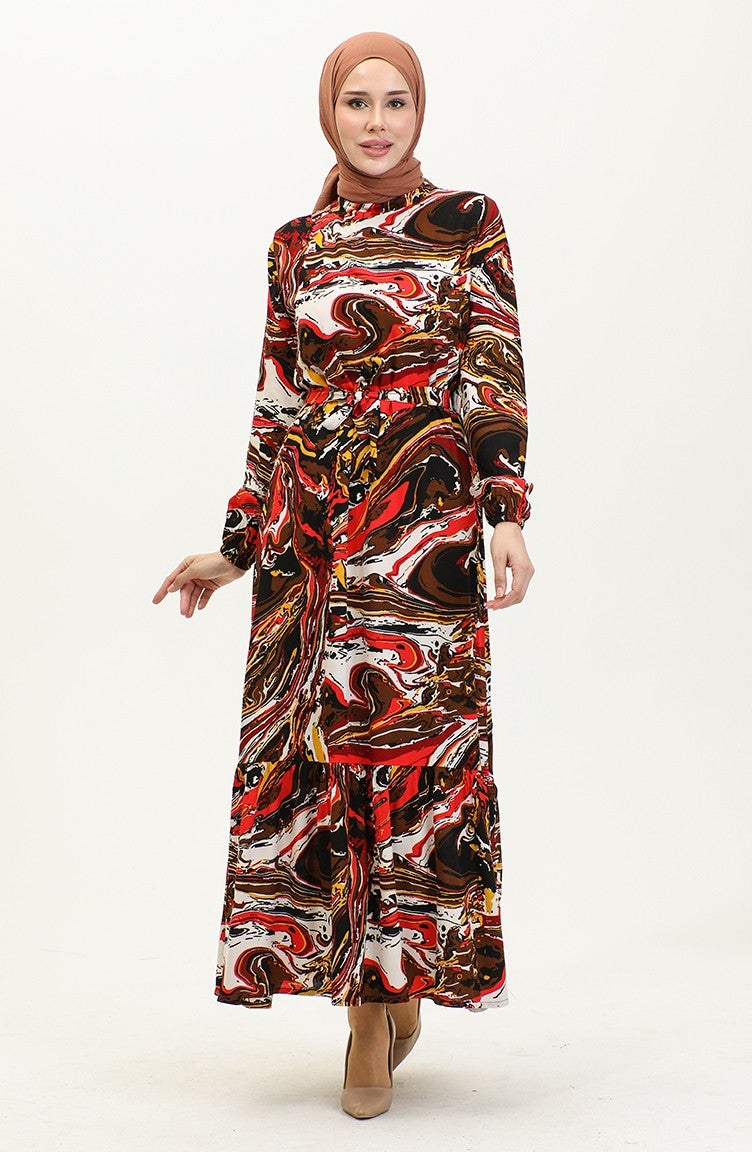 Sefa Merve Mixed Pattern Belted Viscose Dress 0424-04 Brown Red  - Image 2