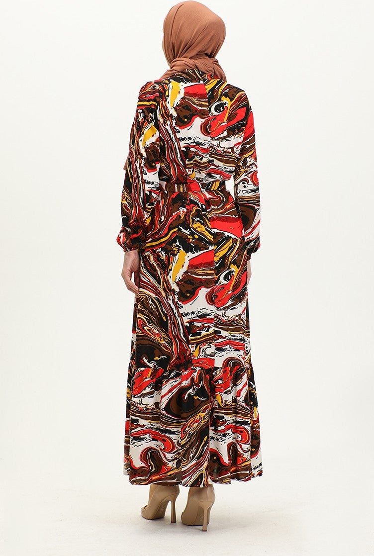 Sefa Merve Mixed Pattern Belted Viscose Dress 0424-04 Brown Red  - Image 5
