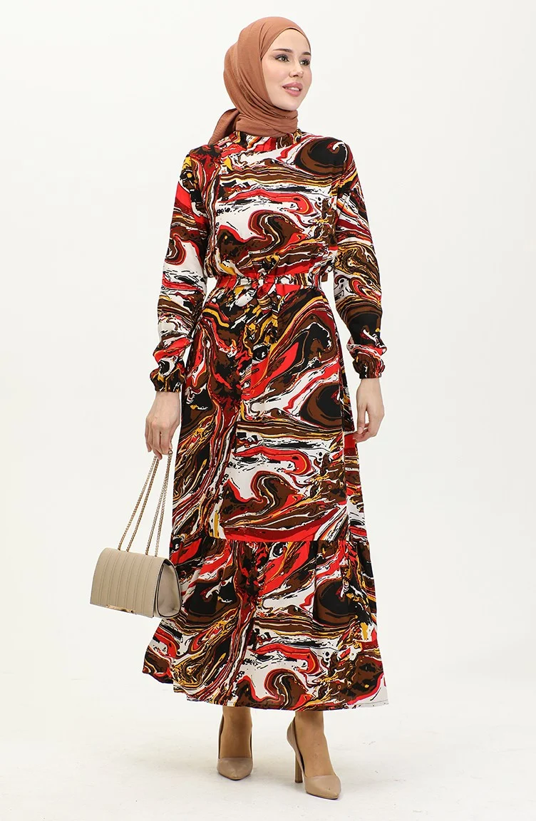 Sefa Merve Mixed Pattern Belted Viscose Dress 0424-04 Brown Red