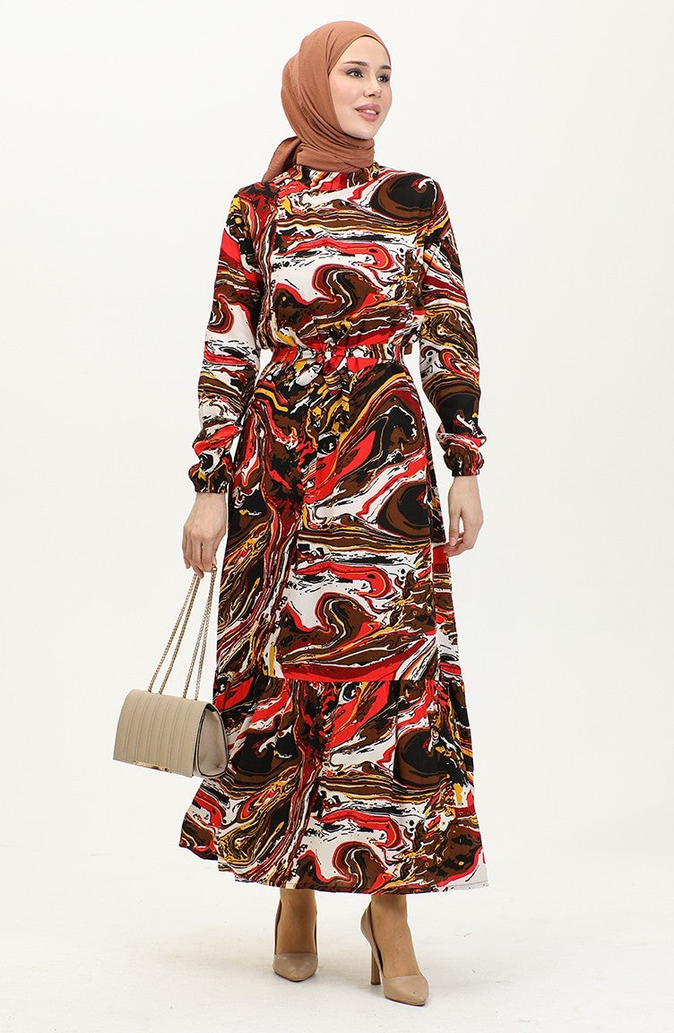 Sefa Merve Mixed Pattern Belted Viscose Dress 0424-04 Brown Red  - Image 1