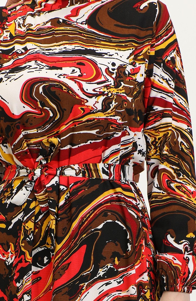 Sefa Merve Mixed Pattern Belted Viscose Dress 0424-04 Brown Red  - Image 4