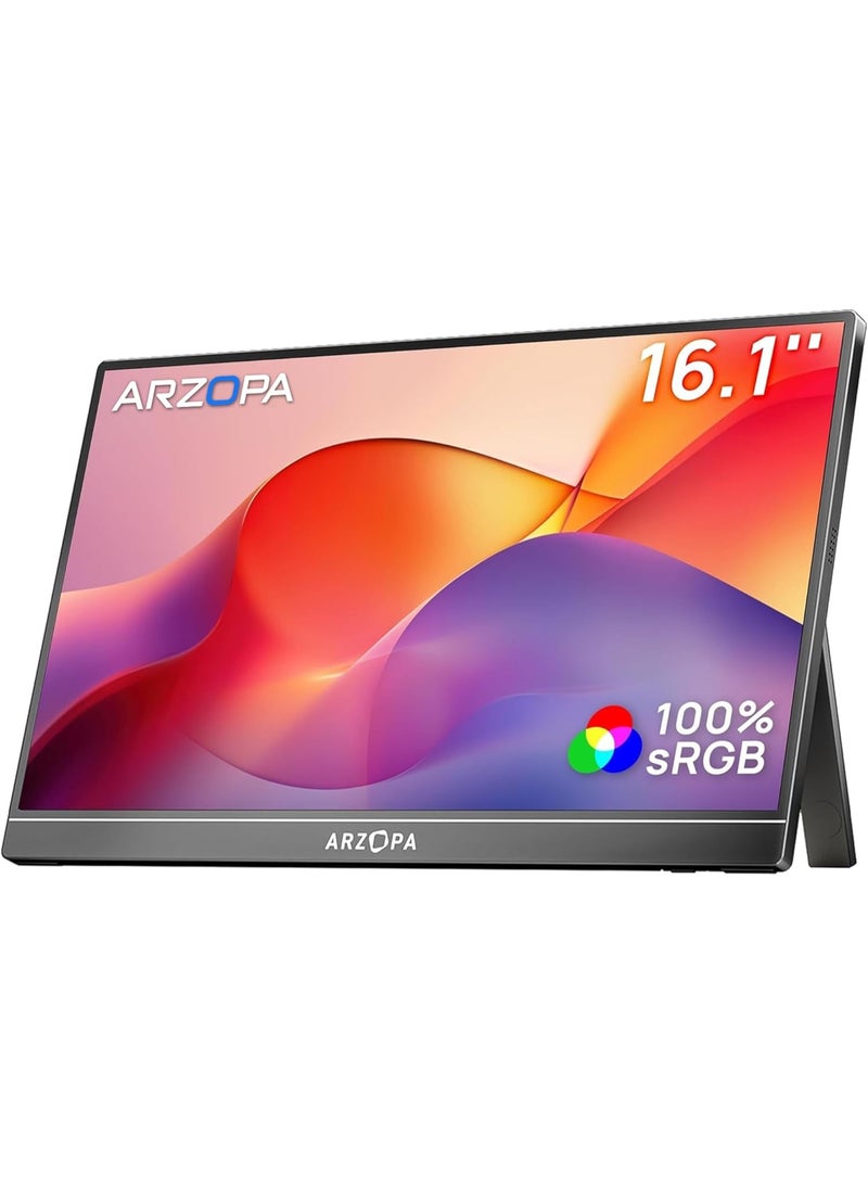 ARZOPA 16.1 Inch Portable Monitor FHD 1080P IPS Laptop Screen, 100% sRGB HDR External Display with Built-in Kickstand, USB-C & Mini HDMI Gaming Monitor for PC, MacBook, Phone, Xbox, PS5, Nintendo Switch - Image 1