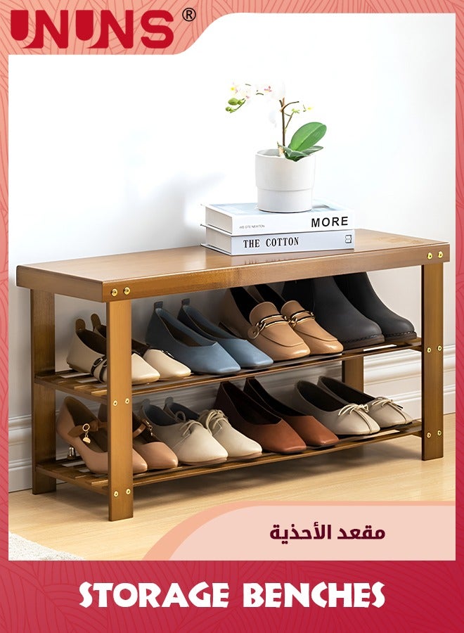 UNUNS Shoe Storage Bench,3-Tier Bamboo Entryway Shoe Rack,Wooden Bench For Entryway Hallway Living Room,Brown,80X41X22.5CM - Image 1