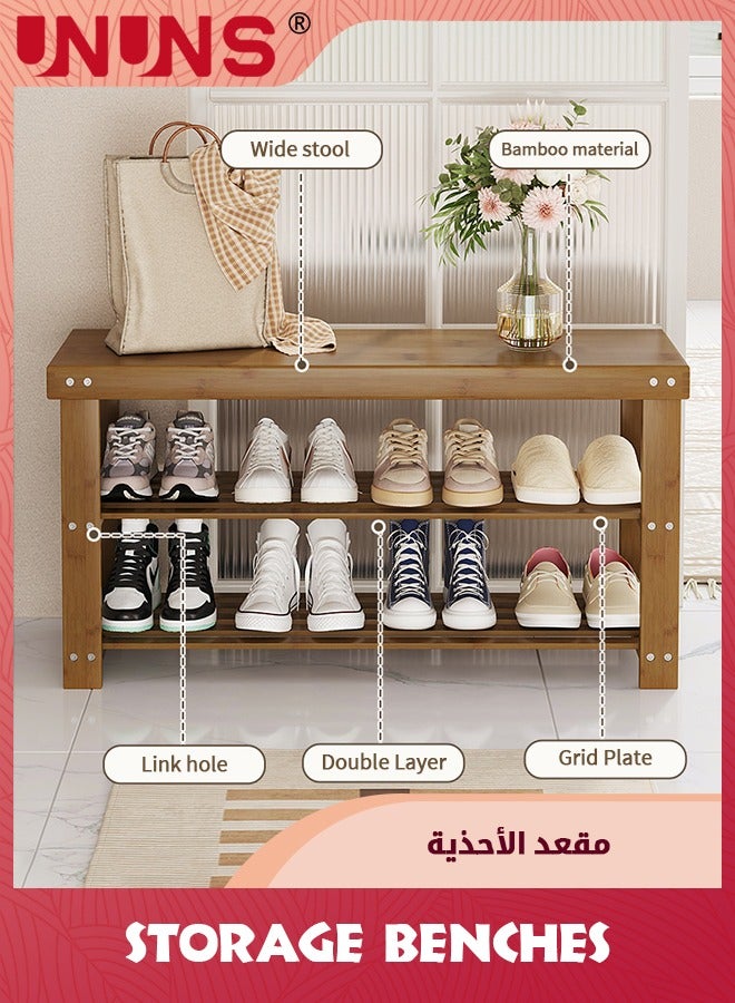 UNUNS Shoe Storage Bench,3-Tier Bamboo Entryway Shoe Rack,Wooden Bench For Entryway Hallway Living Room,Brown,80X41X22.5CM - Image 2