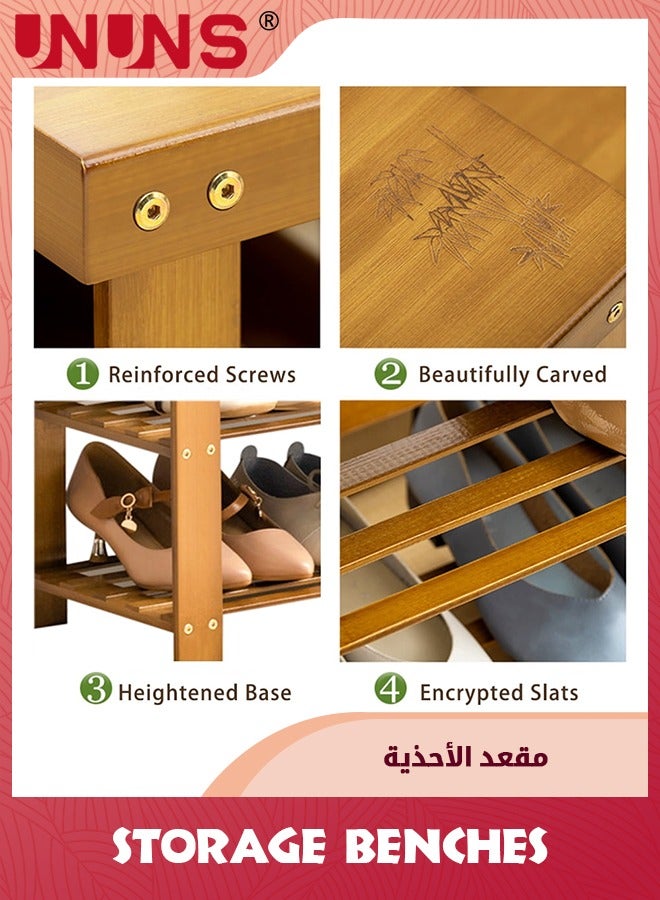 UNUNS Shoe Storage Bench,3-Tier Bamboo Entryway Shoe Rack,Wooden Bench For Entryway Hallway Living Room,Brown,80X41X22.5CM - Image 3