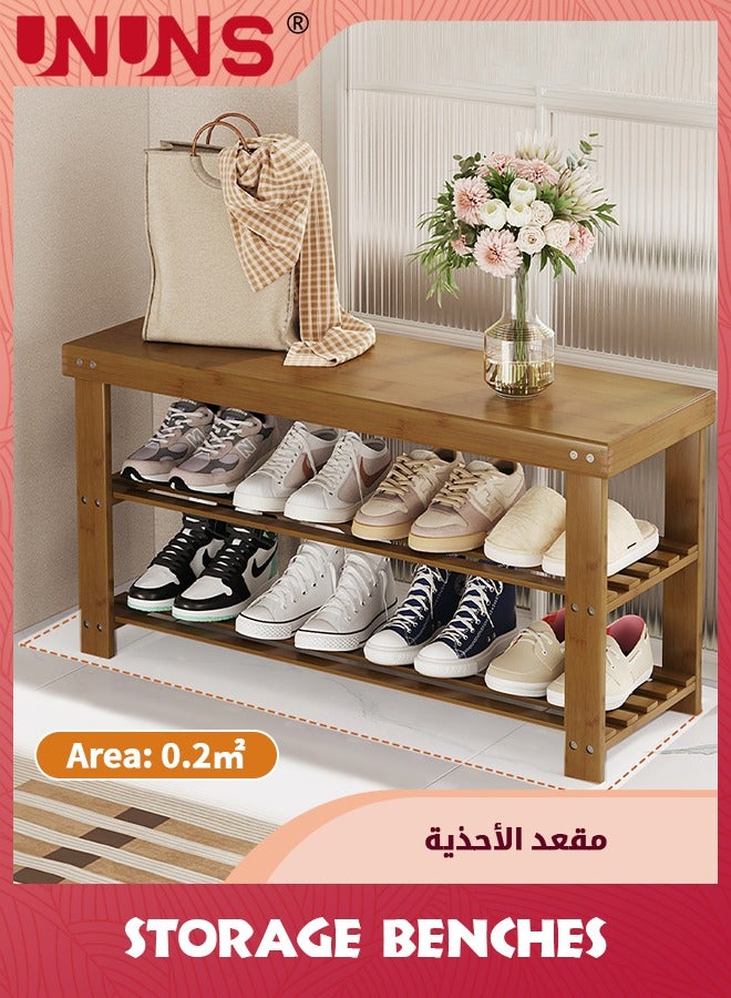 UNUNS Shoe Storage Bench,3-Tier Bamboo Entryway Shoe Rack,Wooden Bench For Entryway Hallway Living Room,Brown,80X41X22.5CM - Image 5