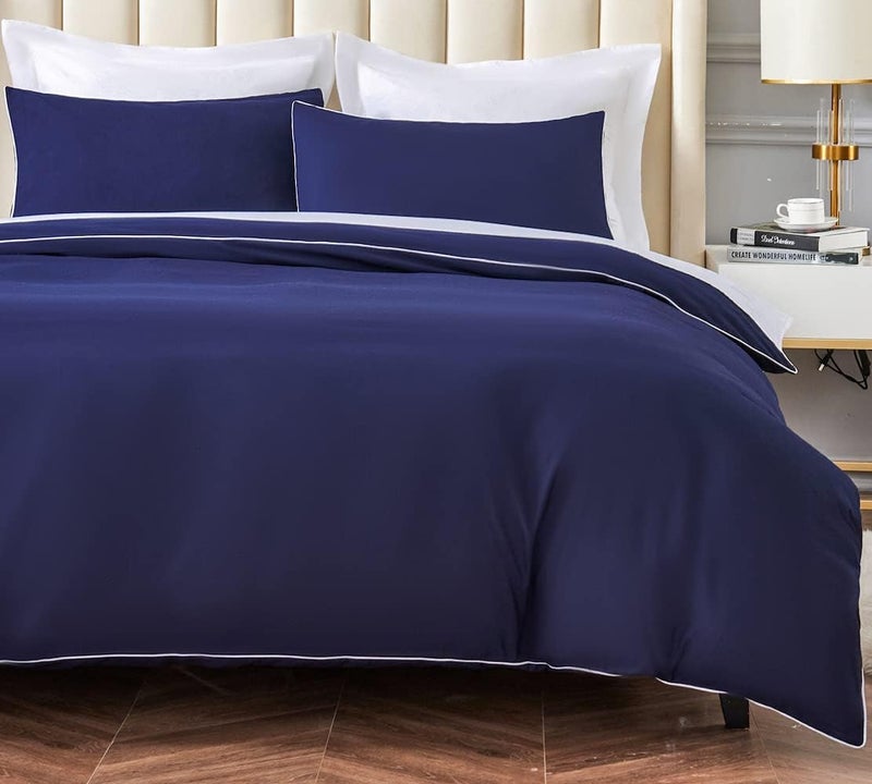 DAUAOTO Duvet Cover Full/Queen Set, Navy Blue Microfiber Bedding with Decorative White Piping, 1 Zipper Closure Cover + 2 Standard Shams - Image 1