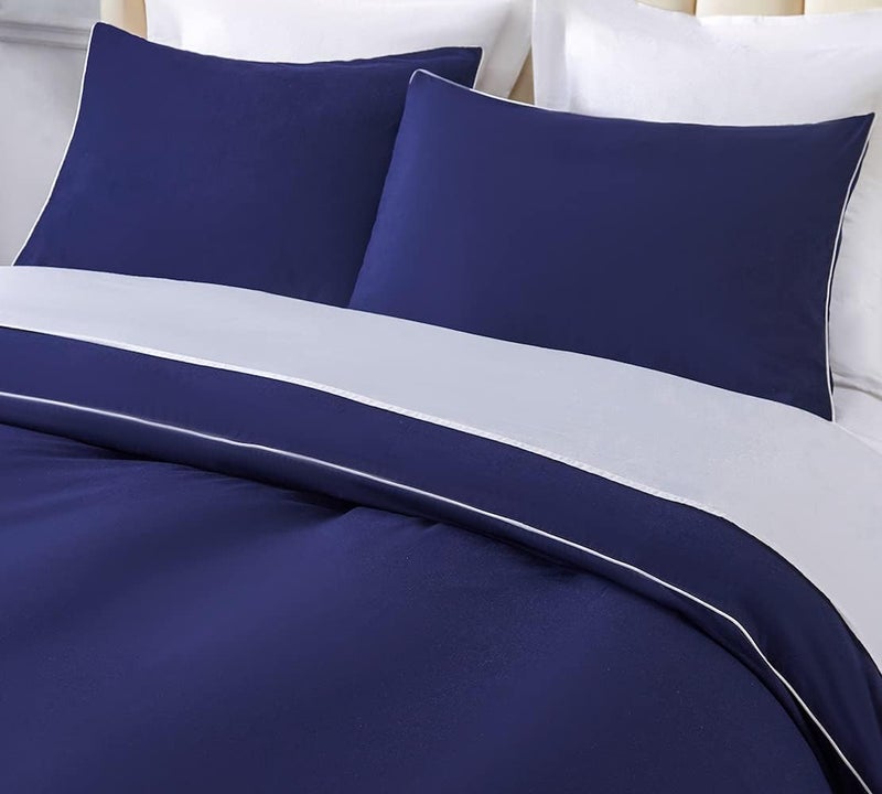 DAUAOTO Duvet Cover Full/Queen Set, Navy Blue Microfiber Bedding with Decorative White Piping, 1 Zipper Closure Cover + 2 Standard Shams - Image 4