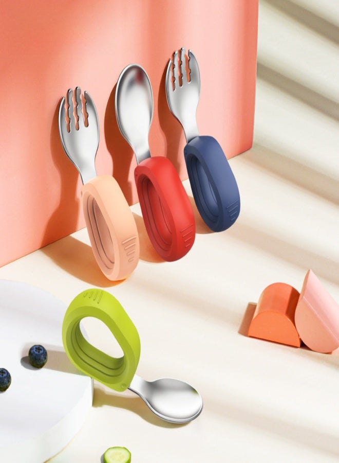 Stainless steel round handle fork and spoon set, children's complementary food training tableware, portable storage fork and spoon - Image 2