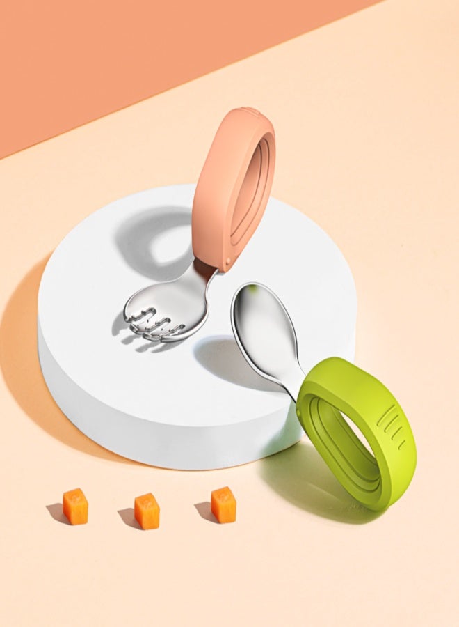 Stainless steel round handle fork and spoon set, children's complementary food training tableware, portable storage fork and spoon - Image 1