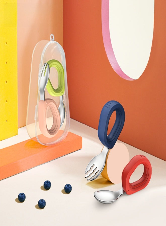 Stainless steel round handle fork and spoon set, children's complementary food training tableware, portable storage fork and spoon - Image 5