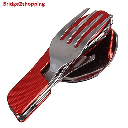 Bridge2shopping أداة تناول الطعام متعددة الوظائف 3 في 1 من Bridge2shopping، مجموعة سكين وشوكة وملعقة قابلة للطي من الفولاذ المقاوم للصدأ، أداة متعددة الاستخدامات للتخييم - Image 4