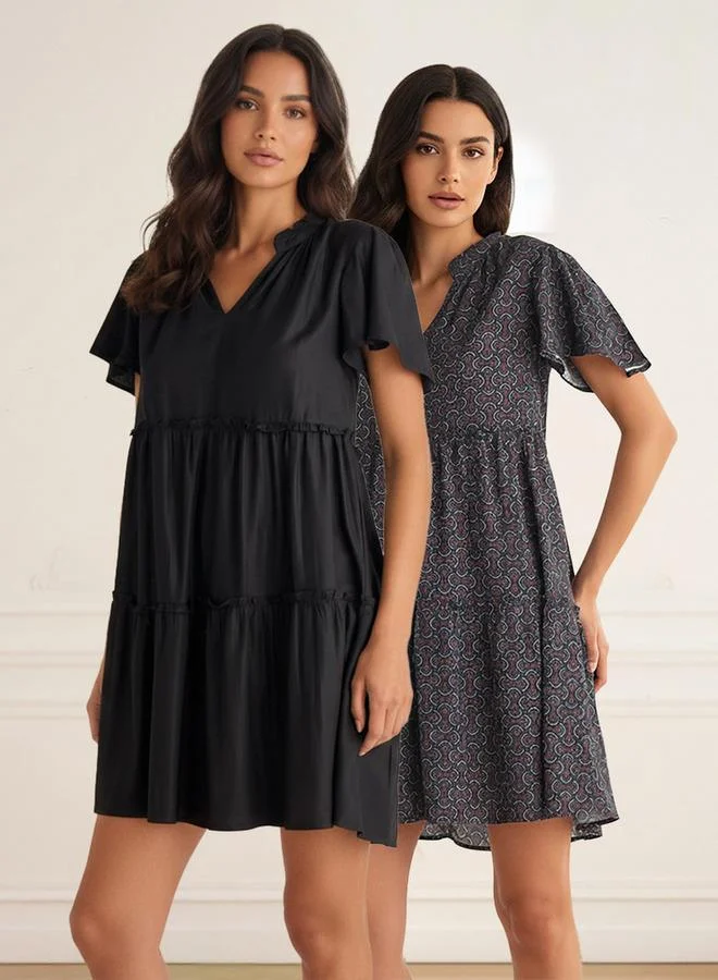 سبلاش فيڤ طقم من قطعتين - فستان نوم قصير الأكمام بطبقات من الفيسكوز