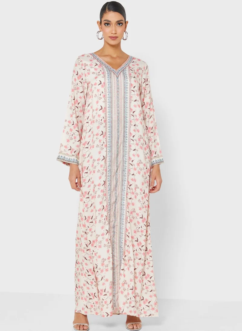 KASHKHA Floral Print Jalabiya With Handwork