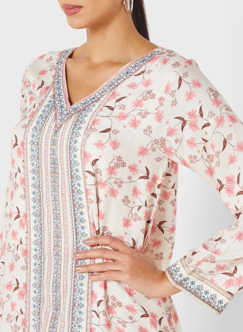 KASHKHA Floral Print Jalabiya With Handwork