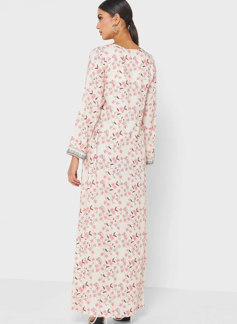 KASHKHA Floral Print Jalabiya With Handwork
