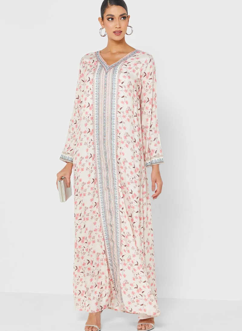 KASHKHA Floral Print Jalabiya With Handwork