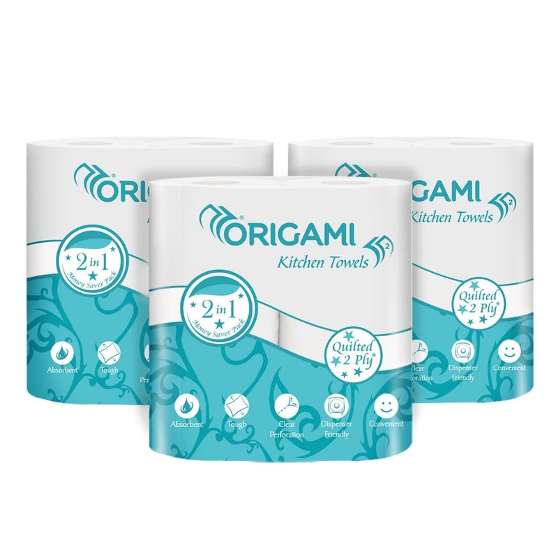 Origami 2 Ply 2 in 1 Kitchen Tissue Paper Roll - Pack of 6 (60 Pulls Per Roll, 360 Sheets) - Image 1